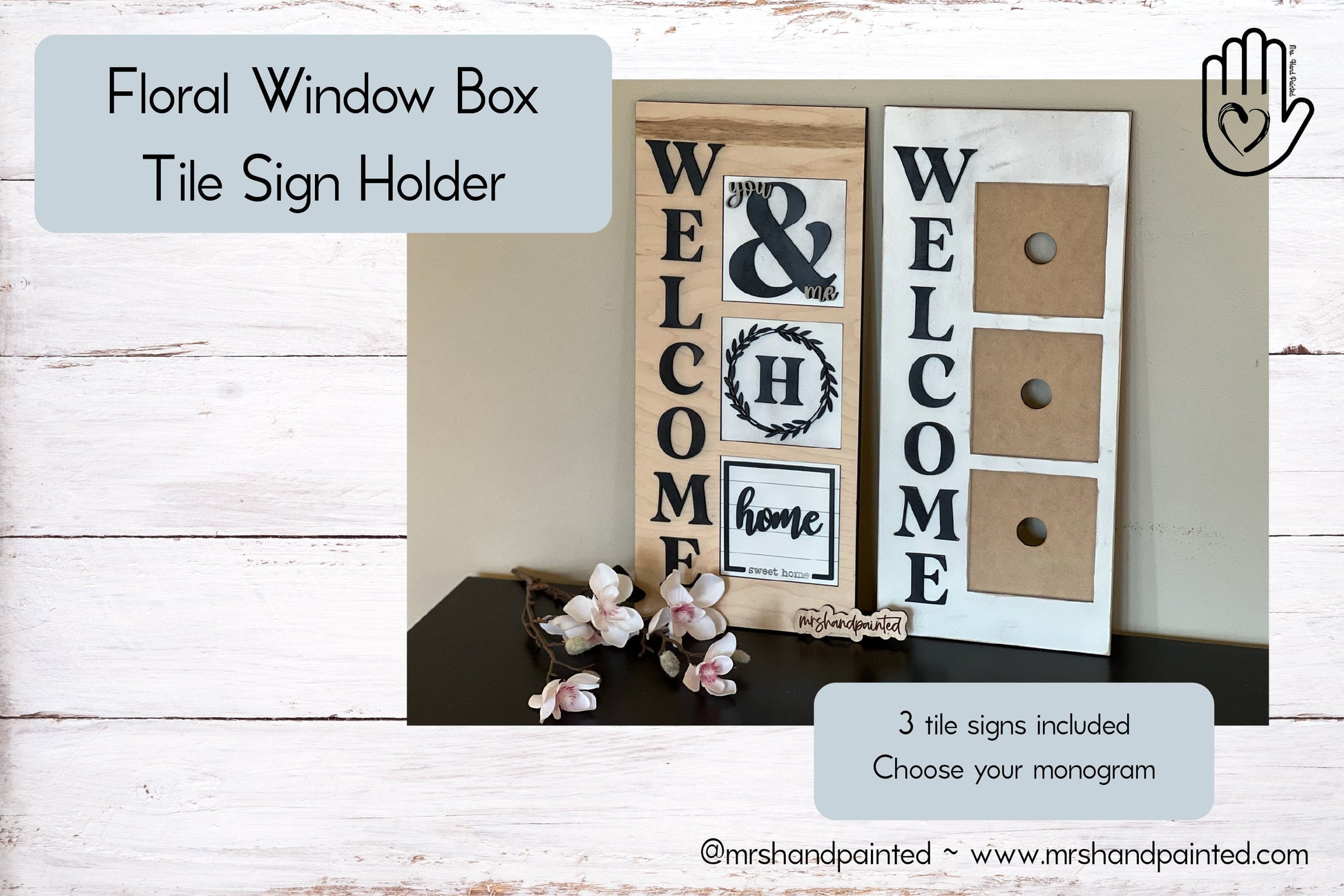 Welcome 3 Slot Interchangeable Sign Backer with 3 tiles - Laser Cut Wood Painted