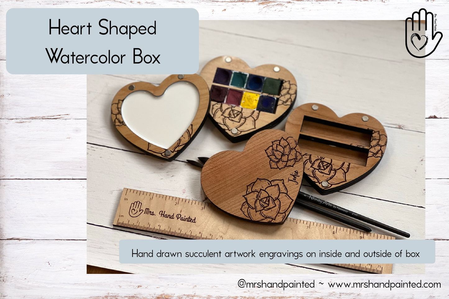 Heart Shaped with Succulents Engraved Wood Watercolor Box with Personalization