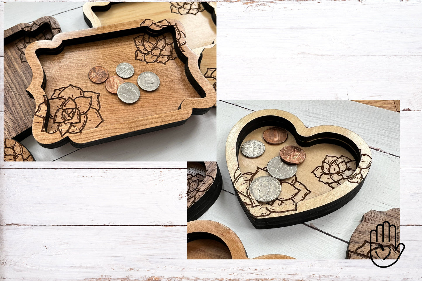 Succulent Engraved Wood Valet Trays and Trinket & Coin Dishes