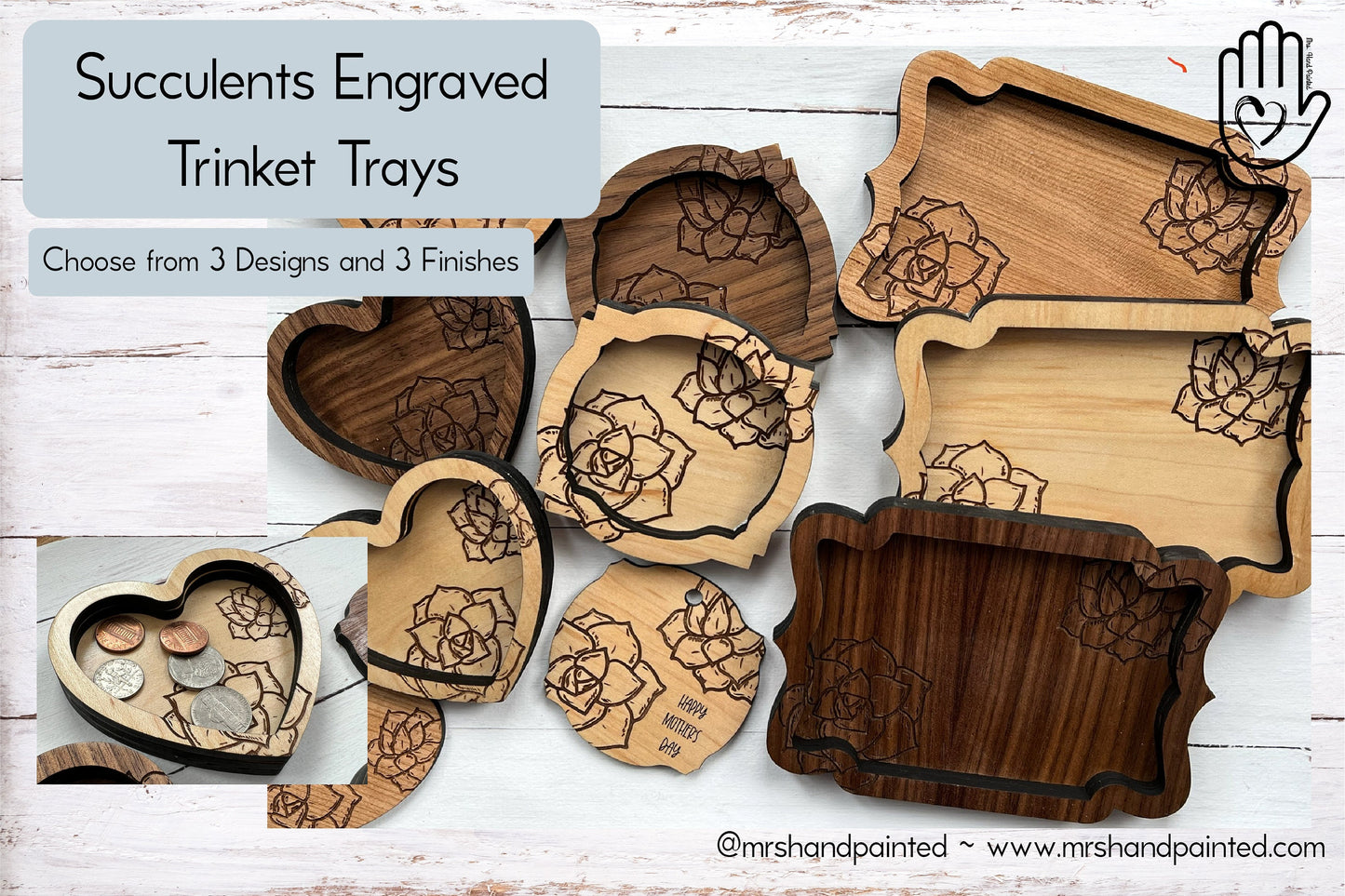 Succulent Engraved Wood Valet Trays and Trinket & Coin Dishes