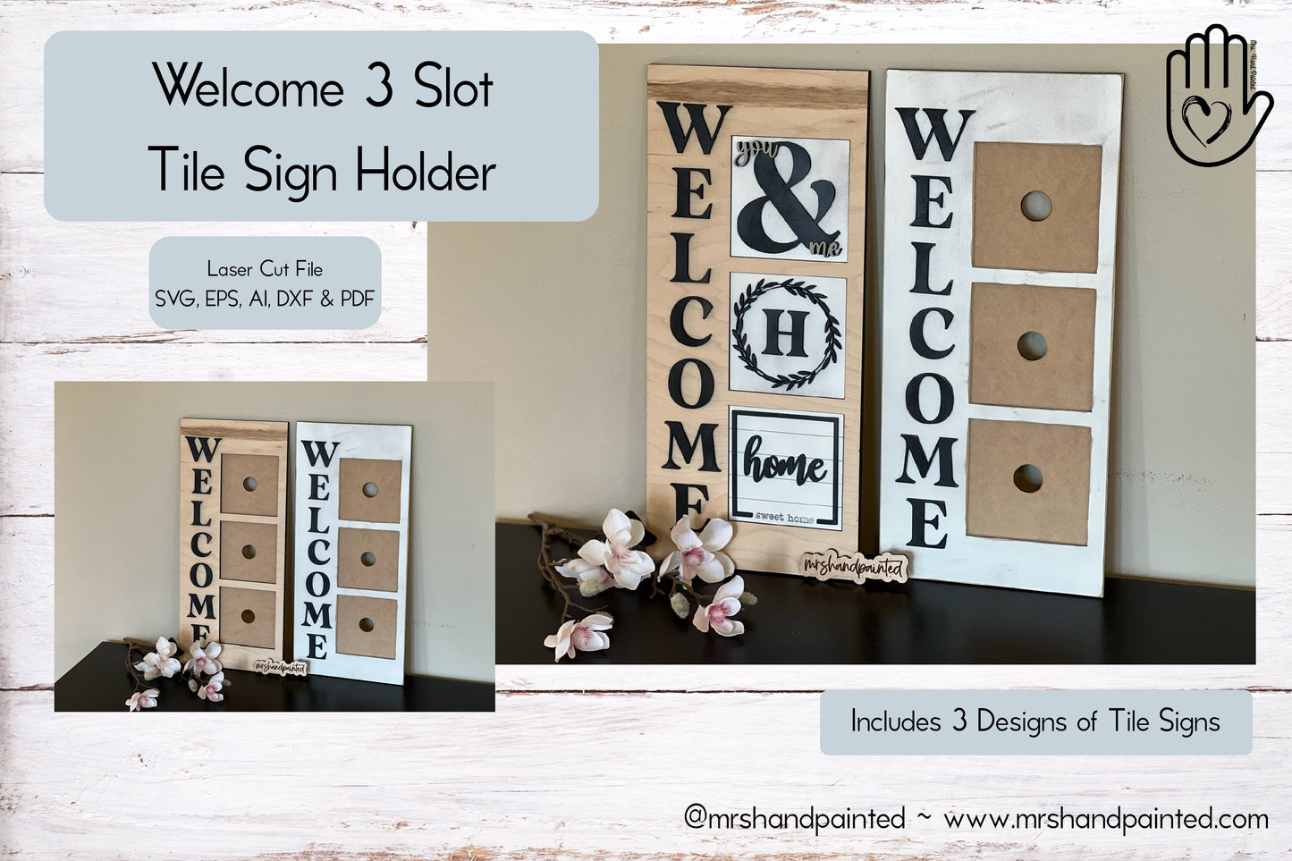 Laser Cut File - Welcome 3 Slot Interchangeable Sign Holder - Digital Download SVG, DXF, AI files