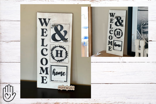 Welcome 3 Slot Interchangeable Sign Backer with 3 tiles - Laser Cut Wood Painted