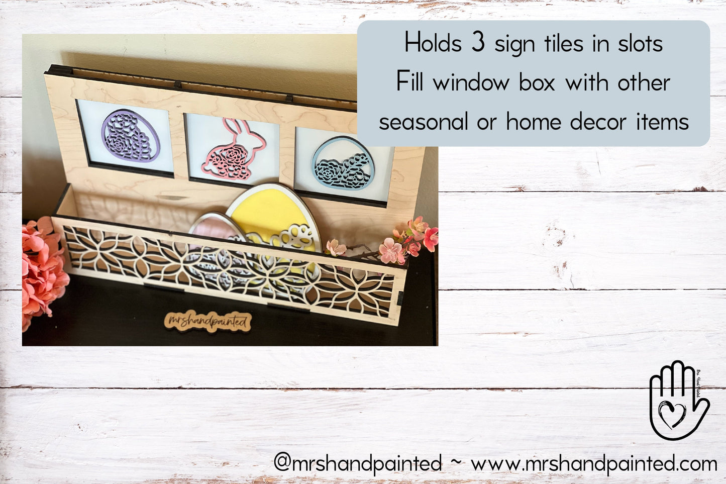 Window box drop in 3 Slot Interchangeable Sign Backer - Laser Cut Wood Painted