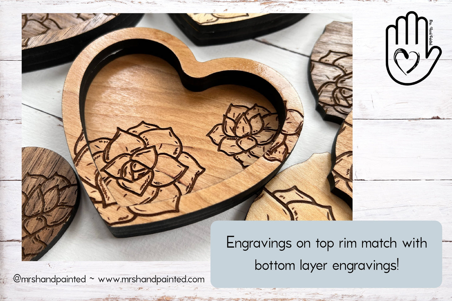 Succulent Engraved Wood Valet Trays and Trinket & Coin Dishes