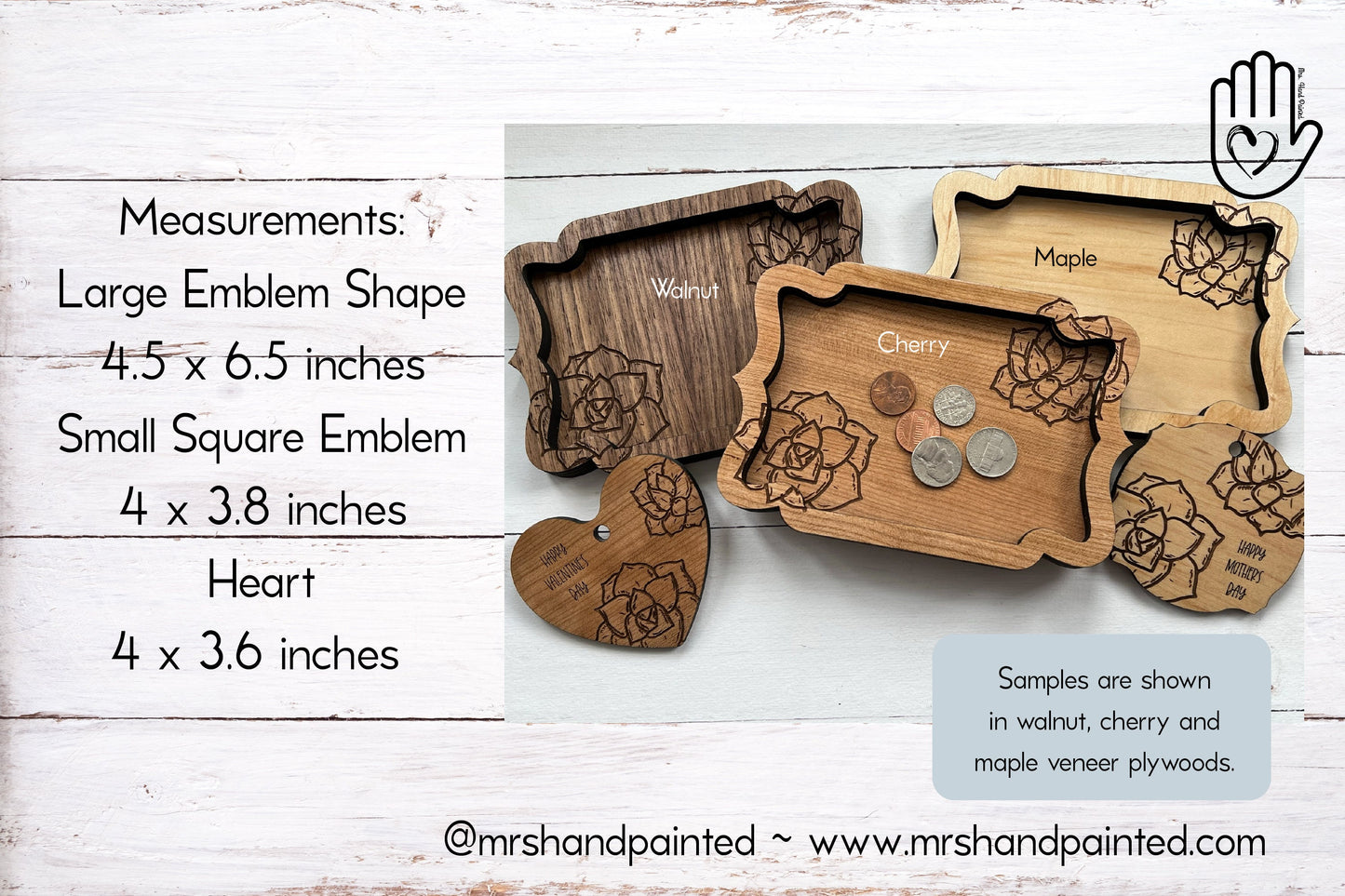 Succulent Engraved Wood Valet Trays and Trinket & Coin Dishes