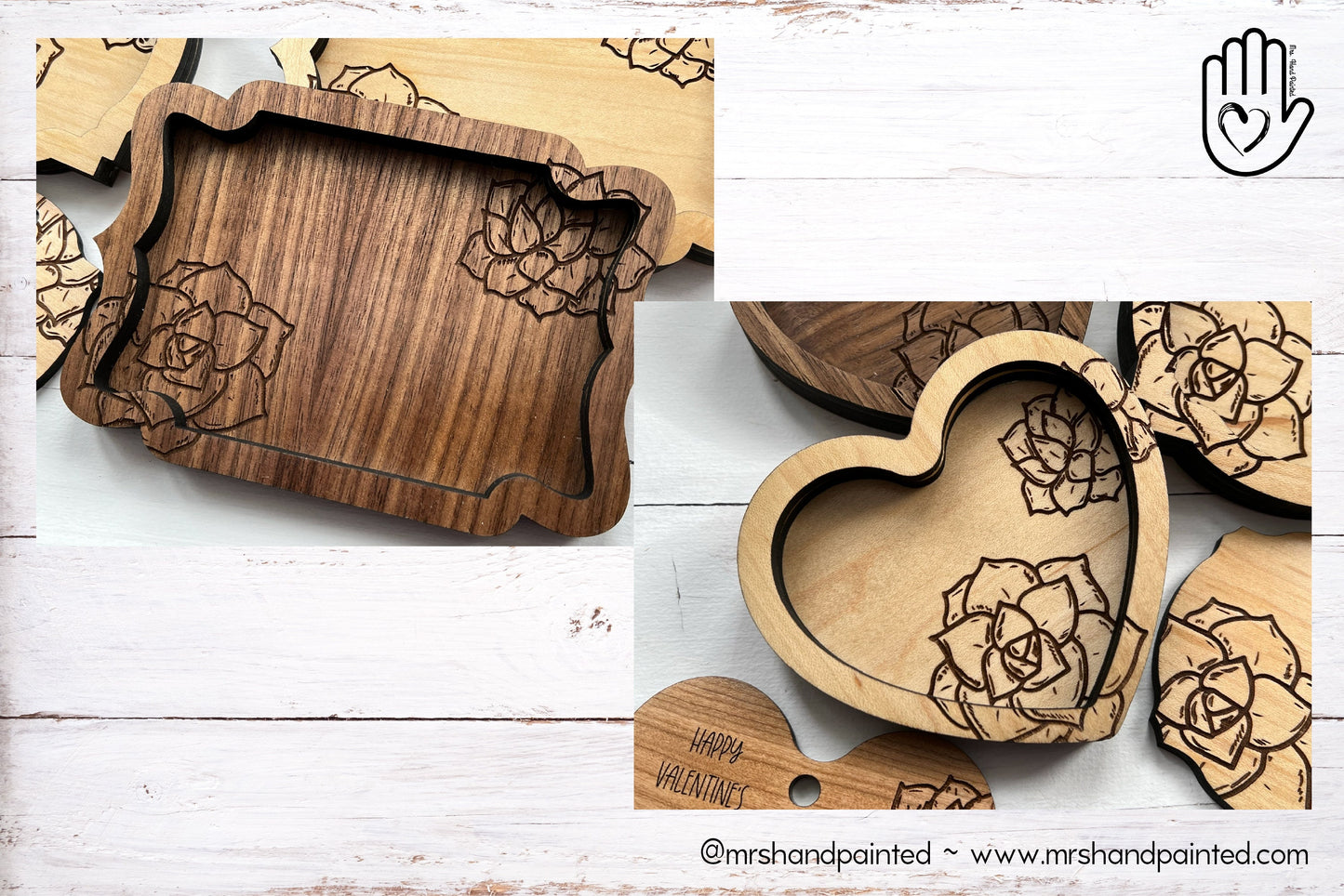 Succulent Engraved Wood Valet Trays and Trinket & Coin Dishes