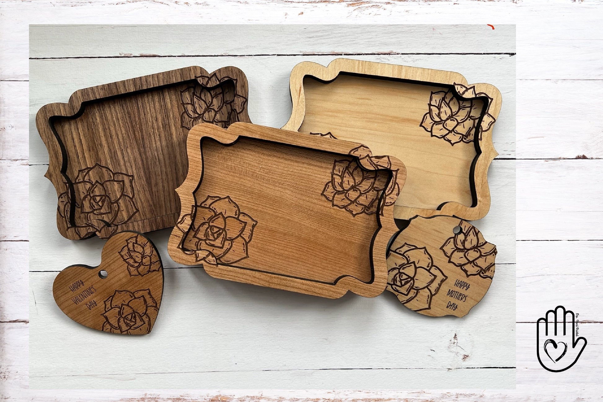 Succulent Engraved Wood Valet Trays and Trinket & Coin Dishes