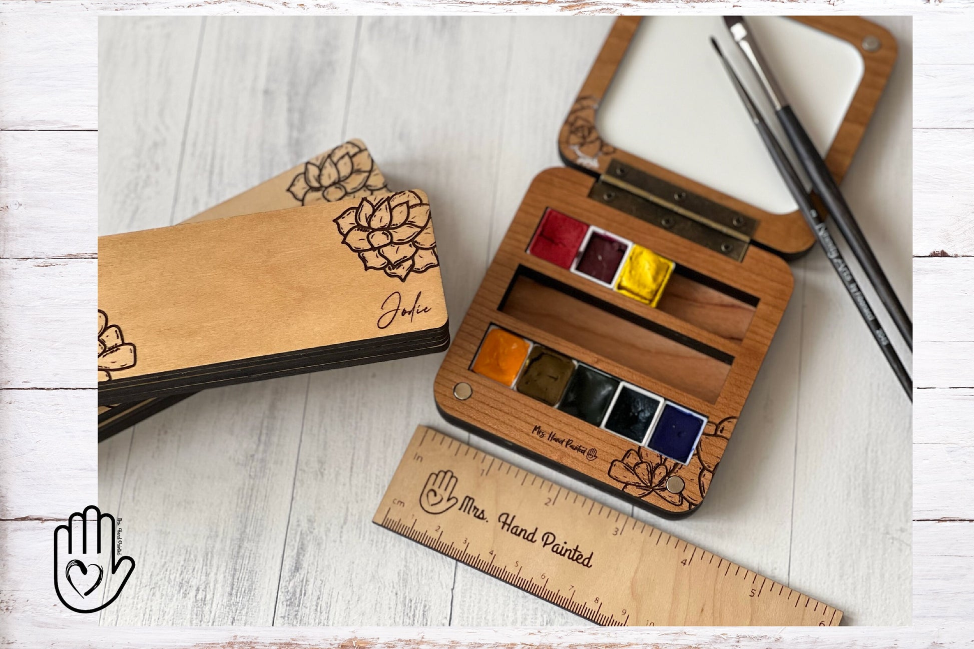 Custom Hinged Lid Watercolor Box with Succulent Engraving Artwork and Personalization