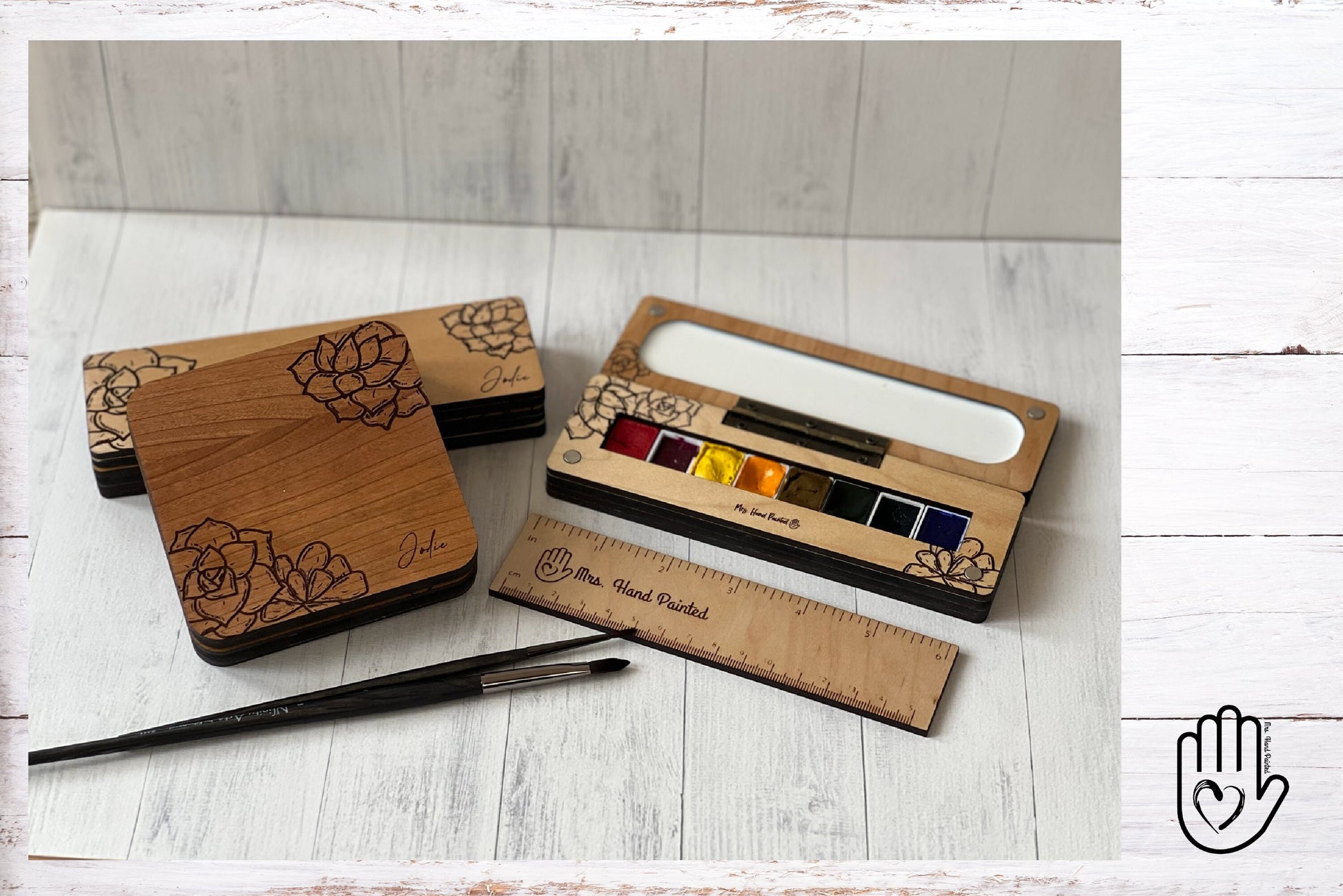 Custom Hinged Lid Watercolor Box with Succulent Engraving Artwork and Personalization