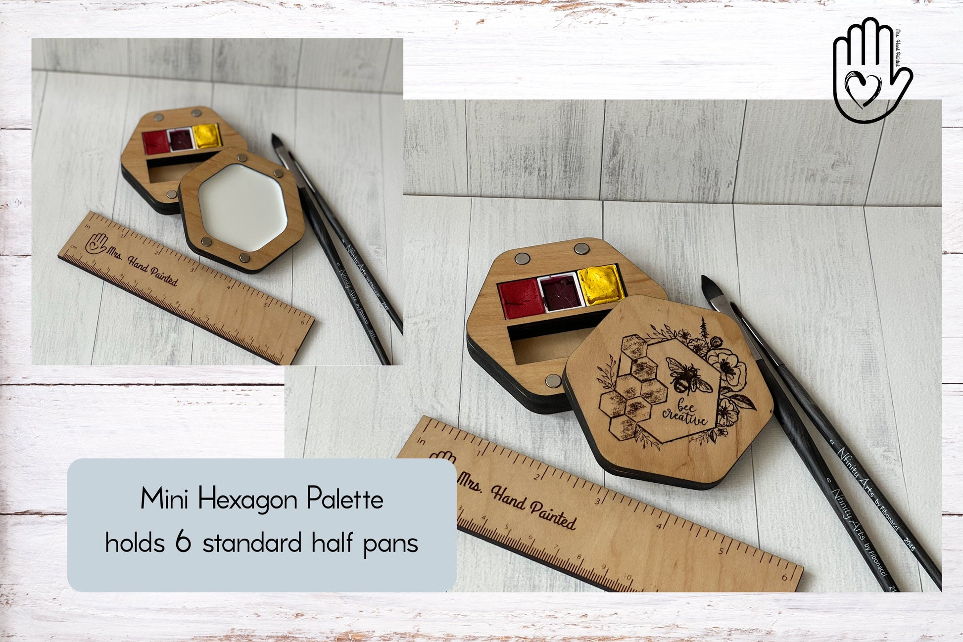 Mini Hexagon Wood Watercolor Palette - Custom Engraved with Hand Drawn Bee and Floral Design