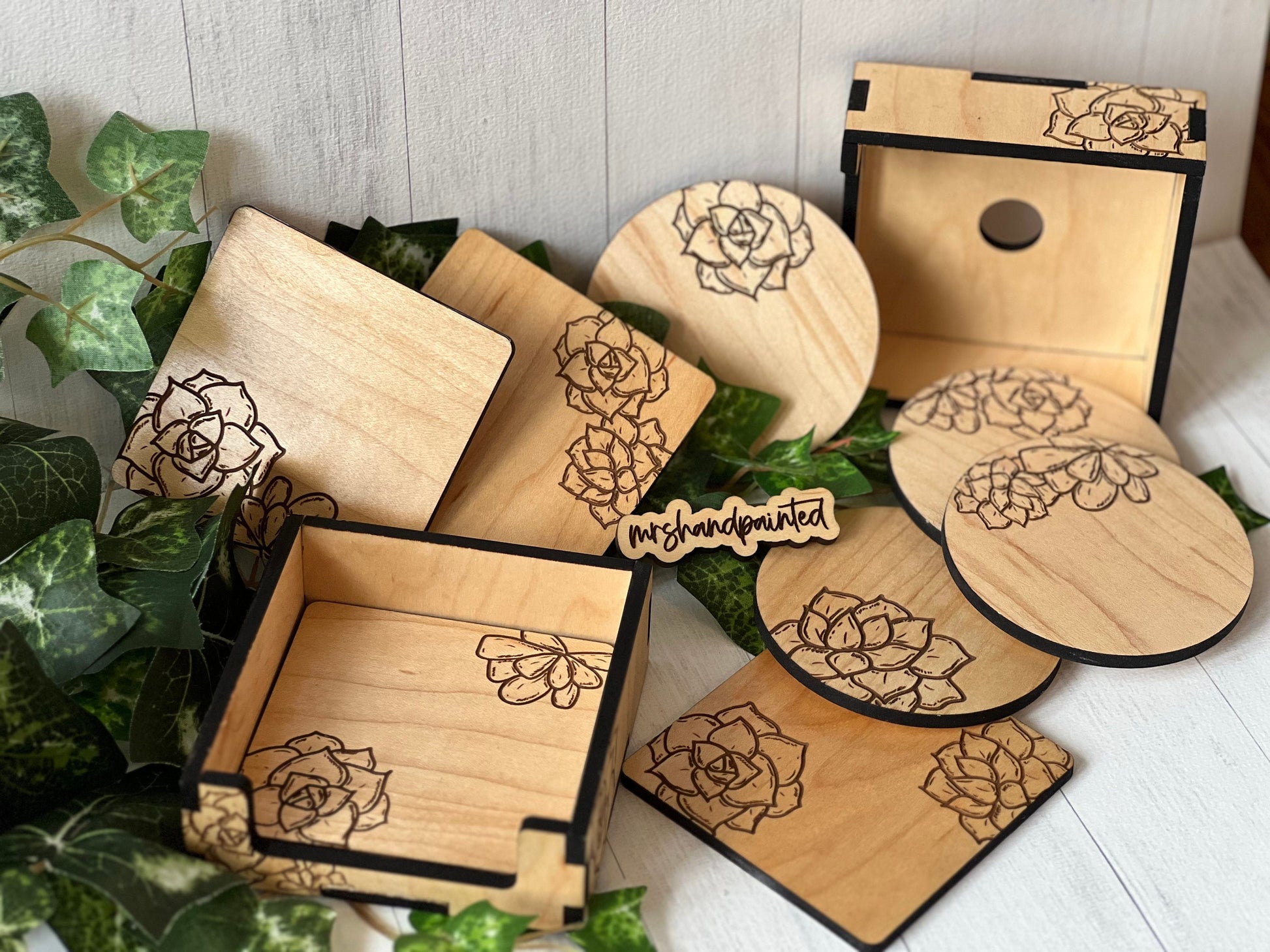 Wood Coaster Set - Laser Engraved Succulents Design