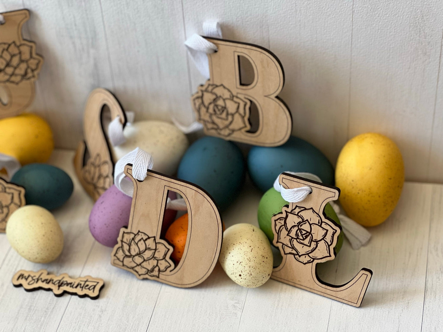 Succulents Engraved Initial Letter Hanging Tag - Easter Basket Tag