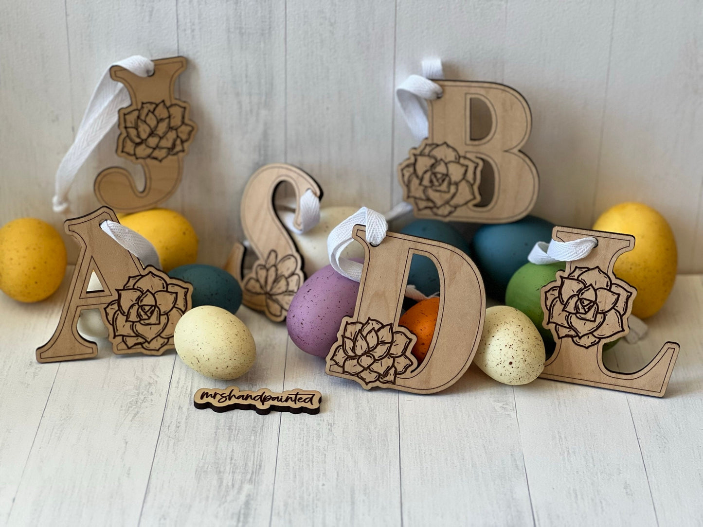 Succulents Engraved Initial Letter Hanging Tag - Easter Basket Tag