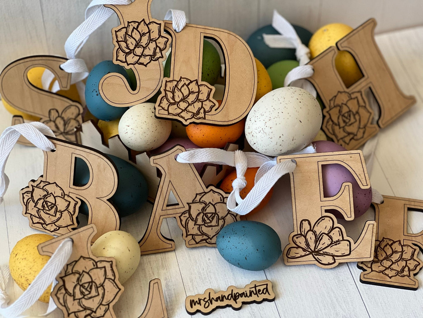 Succulents Engraved Initial Letter Hanging Tag - Easter Basket Tag