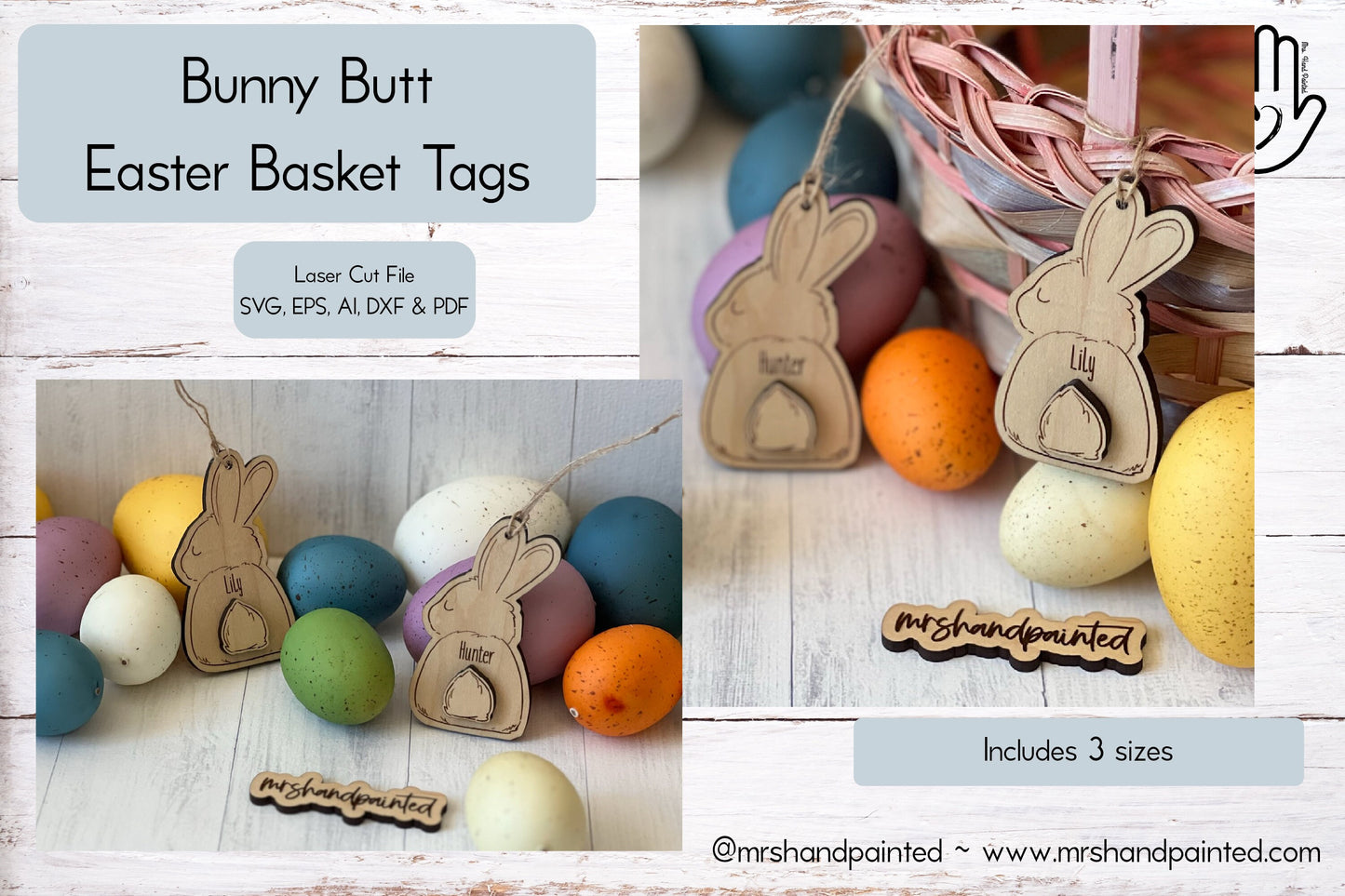 Laser Cut File - Bunny Butt Easter Basket Tag - Digital Download SVG, DXF, AI files