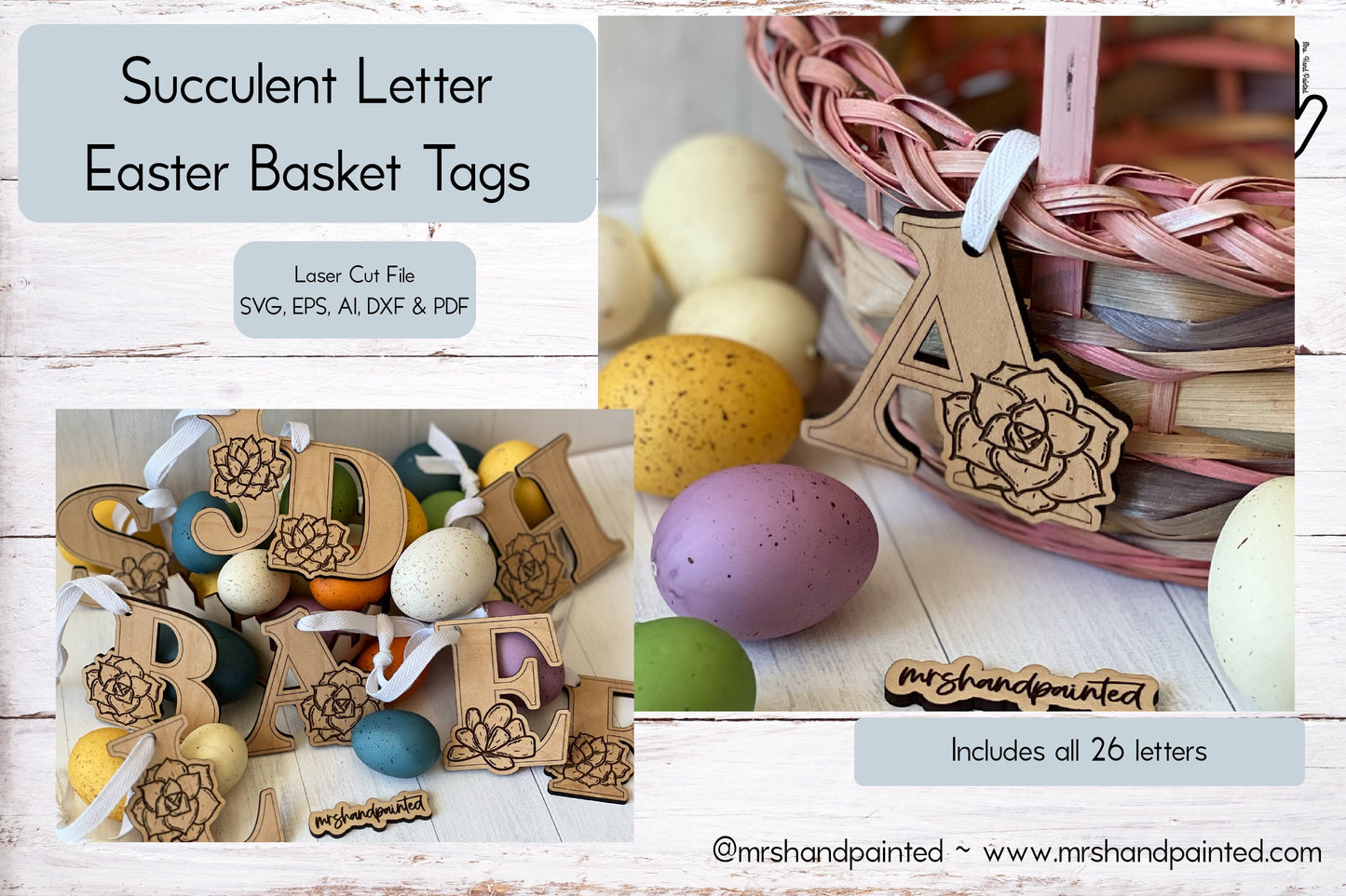 Laser Cut File - Succulent Letters Easter Basket Tag - Digital Download SVG, DXF, AI files