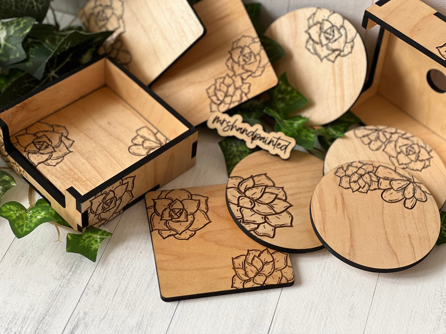 Wood Coaster Set - Laser Engraved Succulents Design