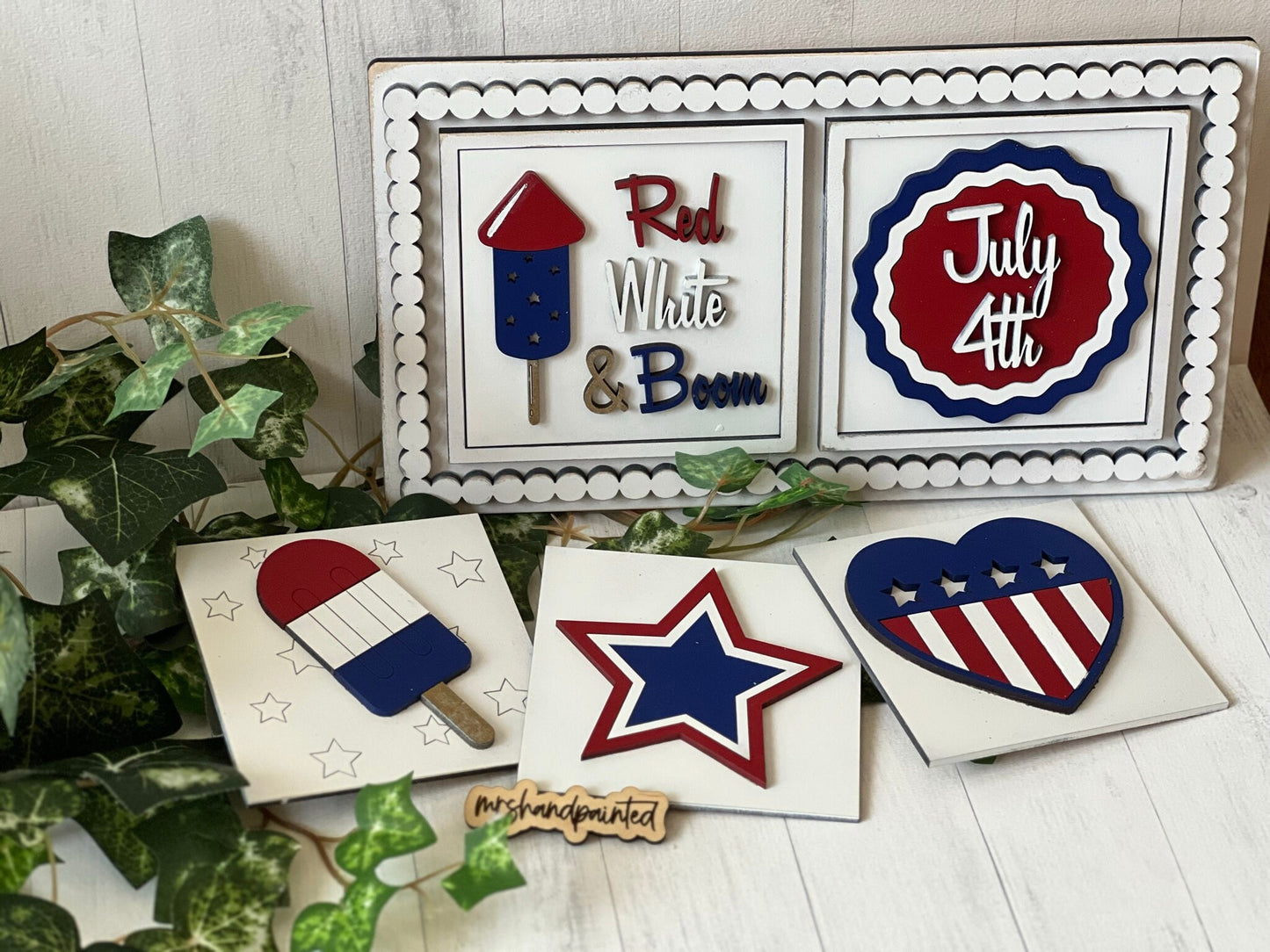 Independence Day / 4th of July Leaning Ladder Interchangeable Signs - Laser Cut Wood Painted