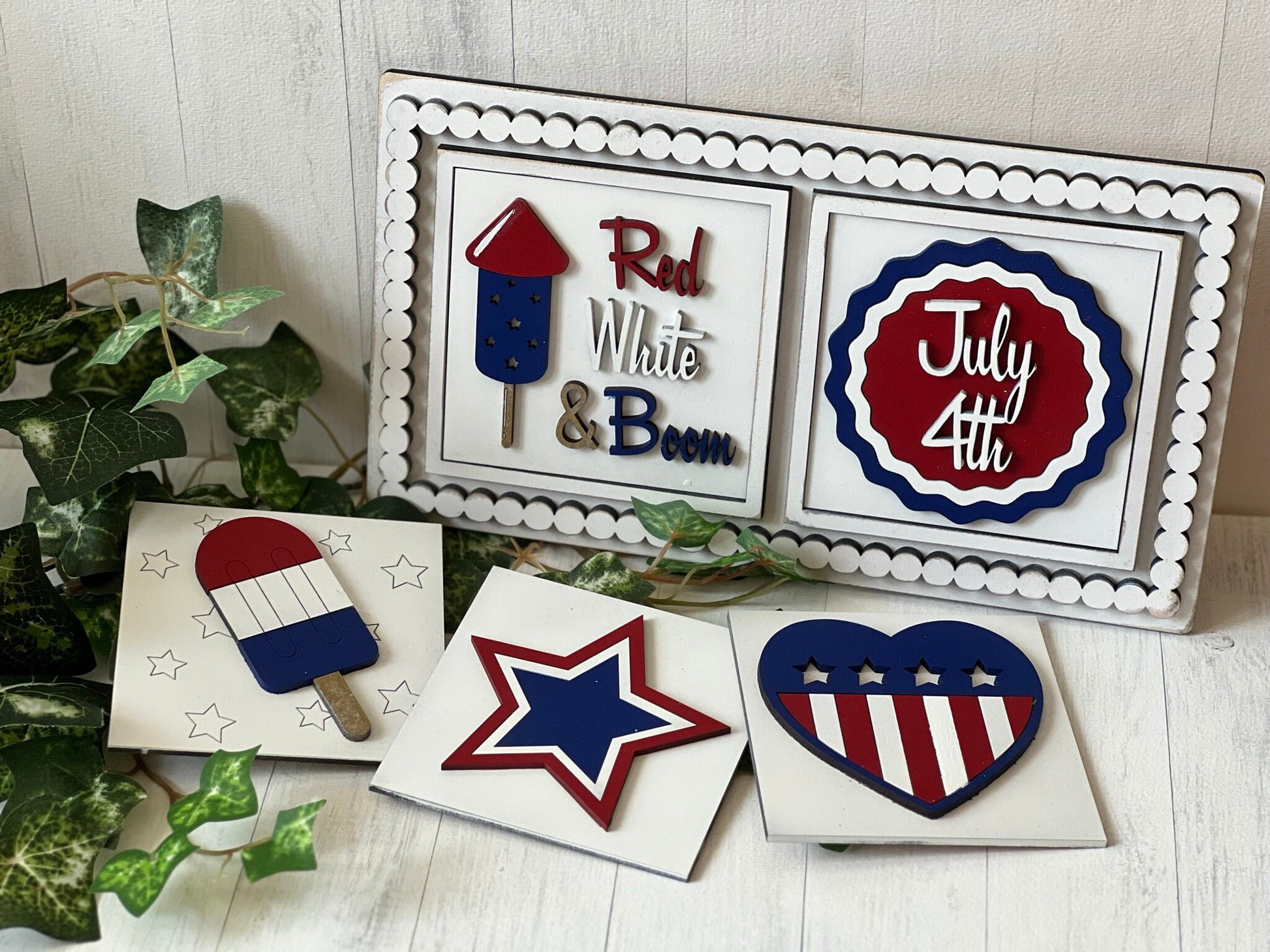 Independence Day / 4th of July Leaning Ladder Interchangeable Signs - Laser Cut Wood Painted
