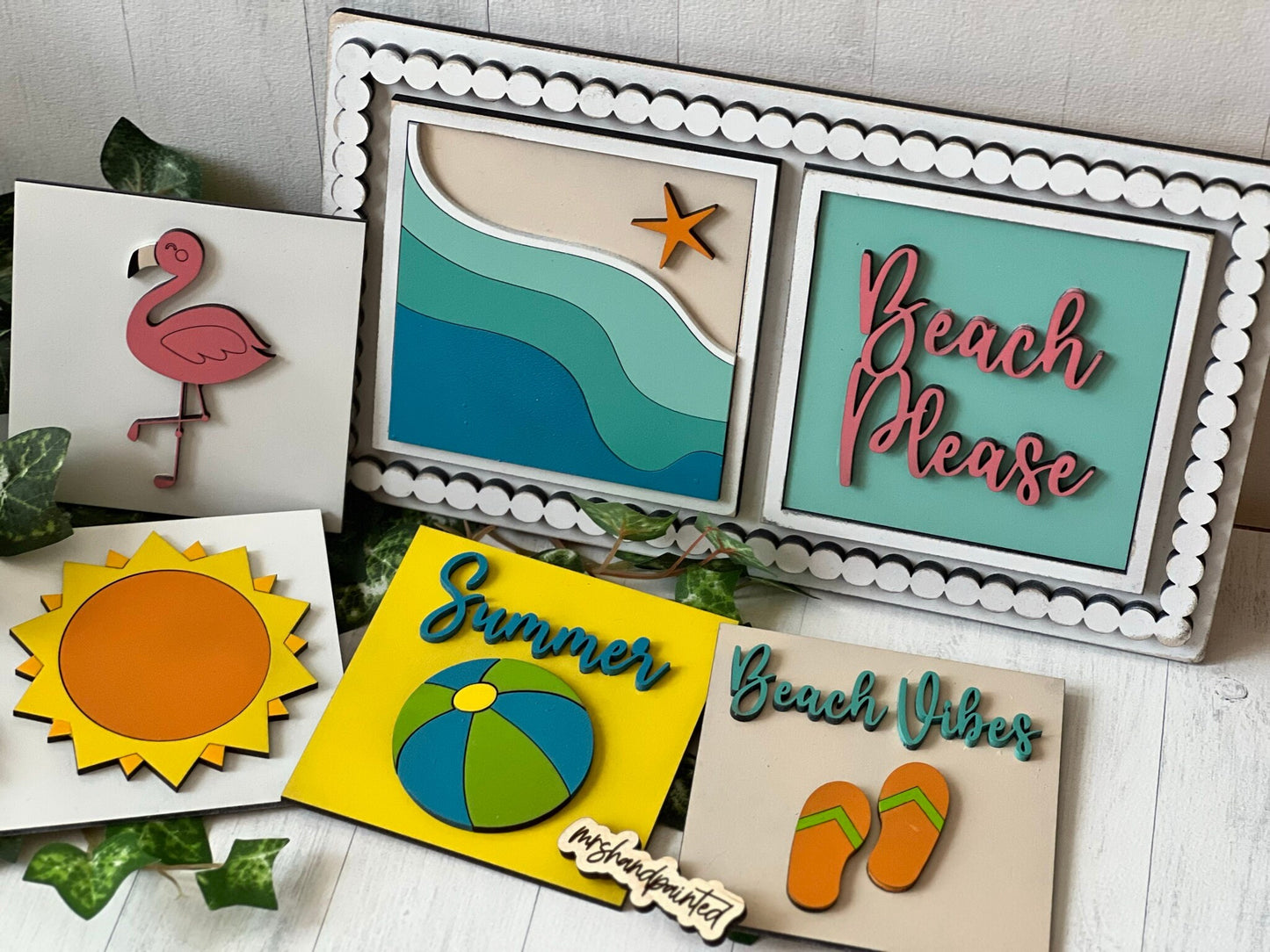 Beach Vibes / Summer Leaning Ladder Interchangeable Signs - Laser Cut Wood Painted