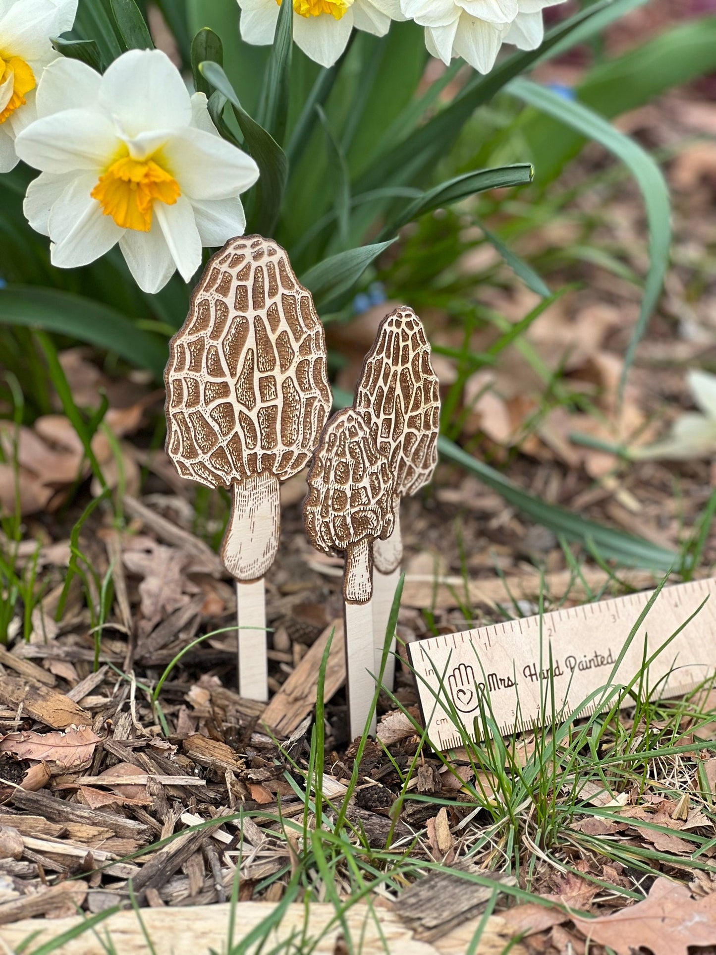 Morel Mushroom Laser Engraved Wood Garden Plant Stake Decor Set of 3