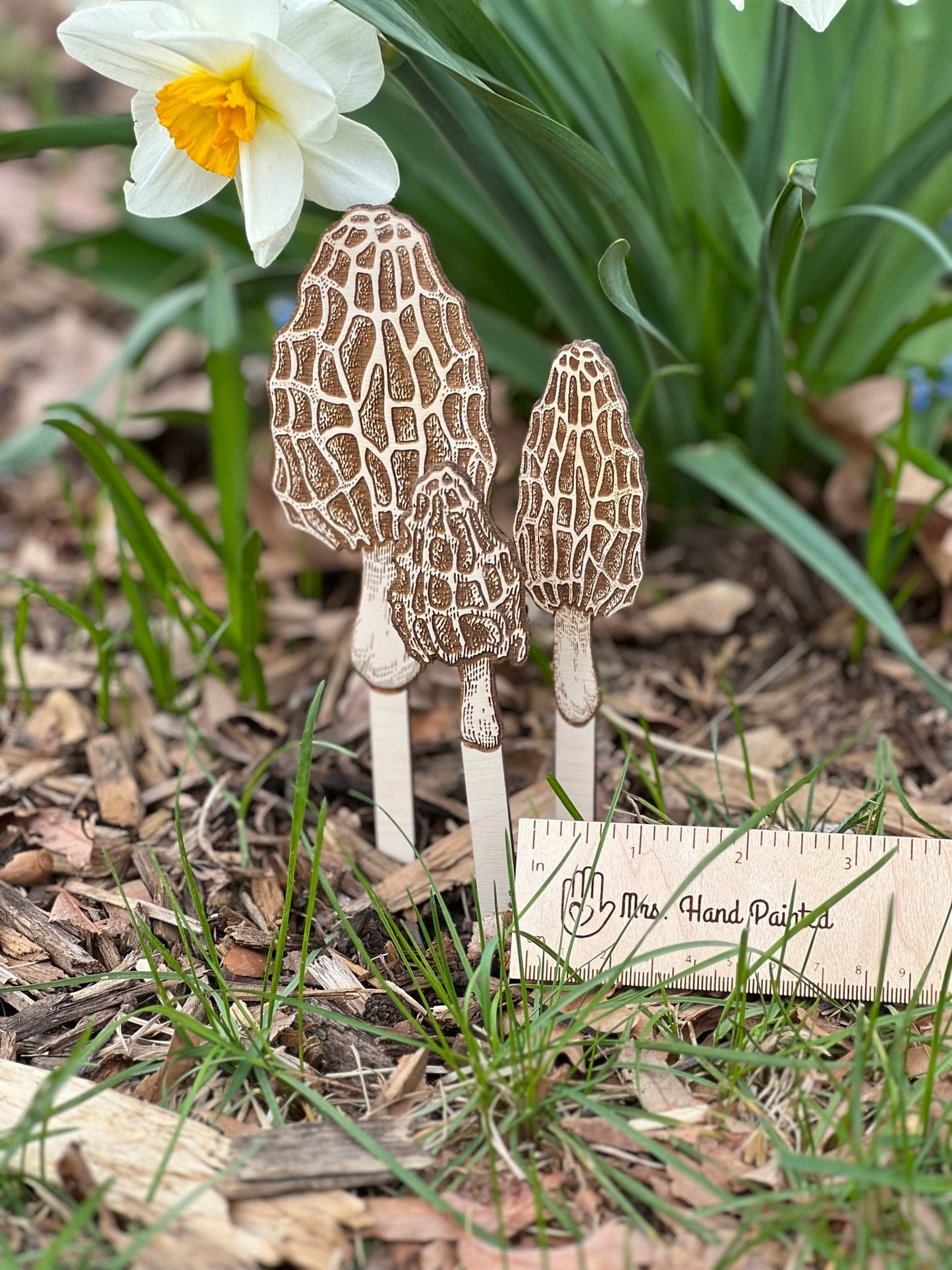 Morel Mushroom Laser Engraved Wood Garden Plant Stake Decor Set of 3