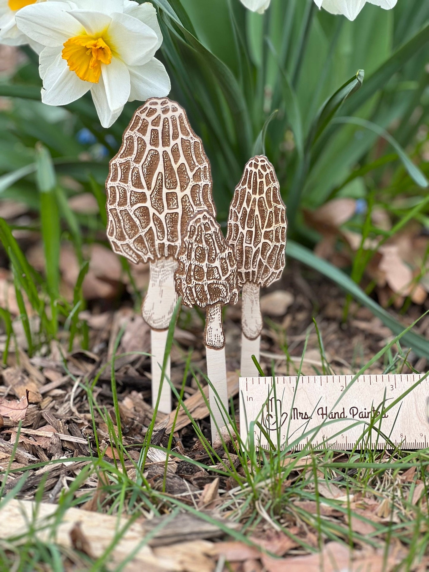 Morel Mushroom Laser Engraved Wood Garden Plant Stake Decor Set of 3