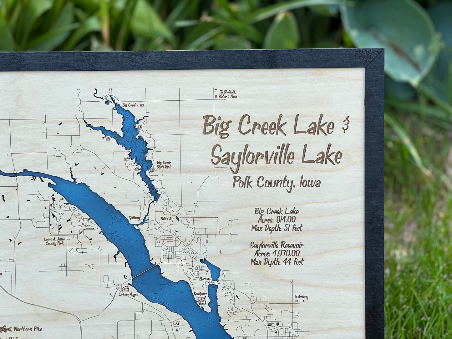 Laser Cut Engraved Wood Lake Map - Saylorville Lake and Big Creek Lake - Des Moines Iowa