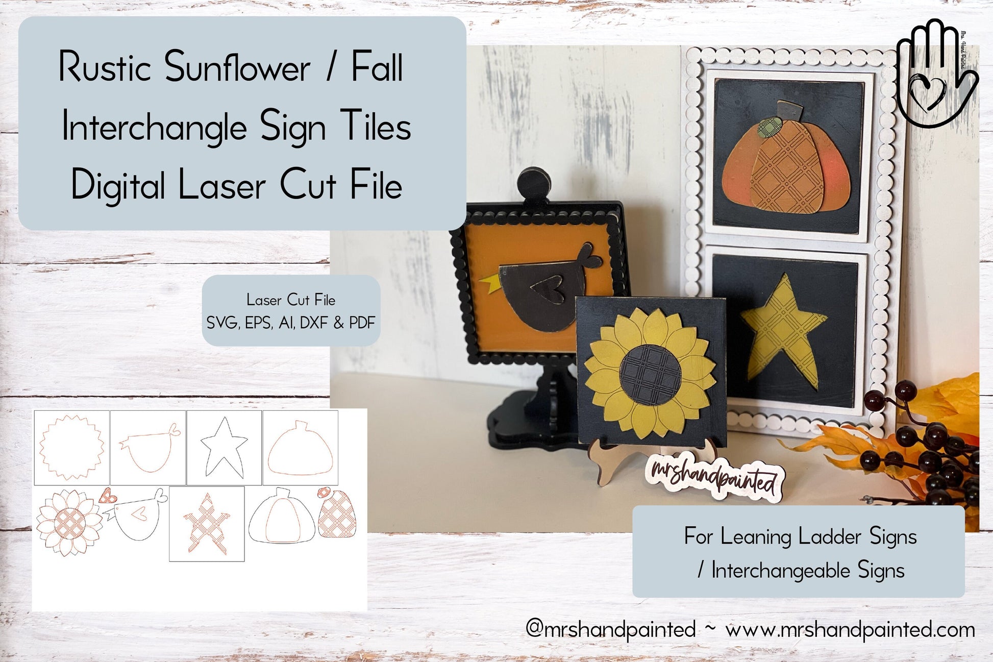 Laser Cut File - Rustic Sunflower Fall Ladder Tiles - Interchangeable Signs - Digital Download