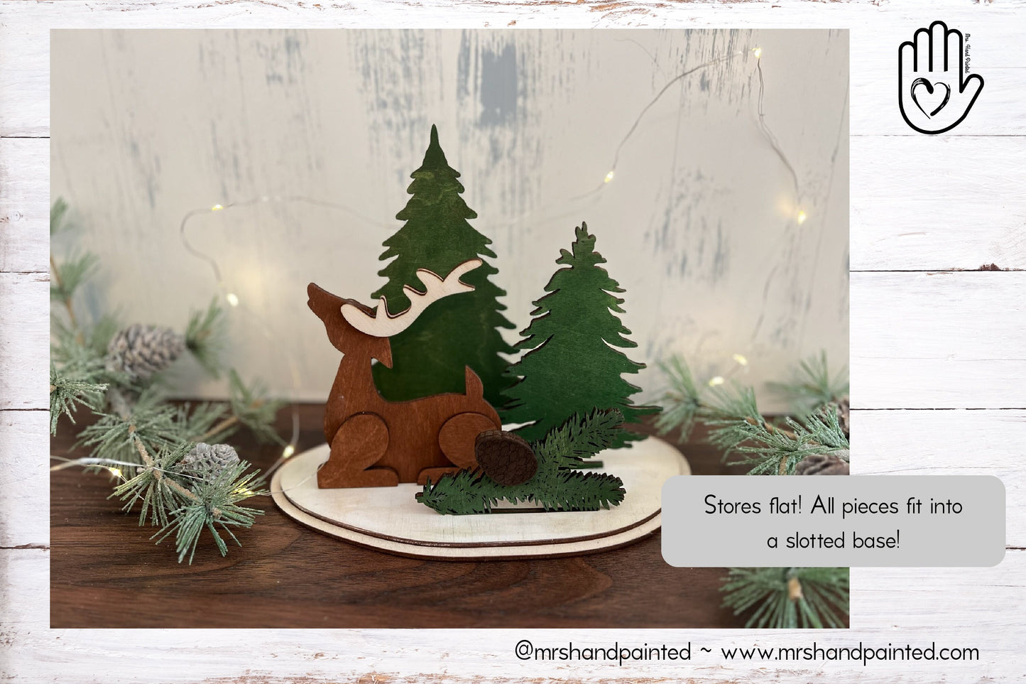 Deer and Trees Vignette Christmas Decoration - Laser Cut Wood Stained