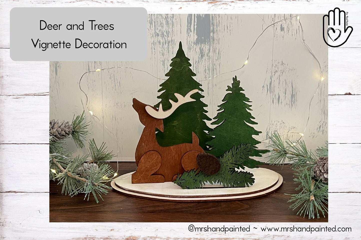 Deer and Trees Vignette Christmas Decoration - Laser Cut Wood Stained