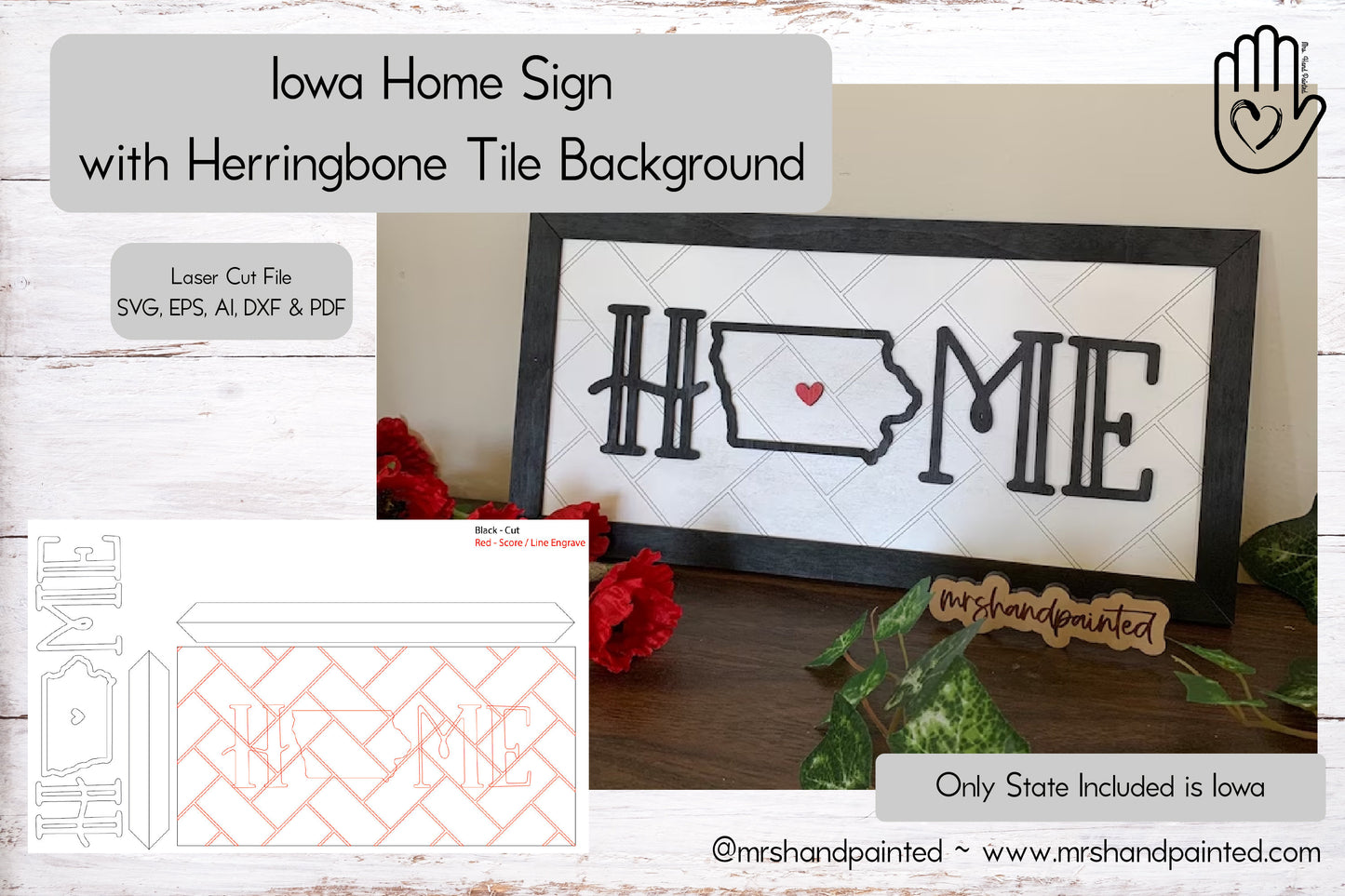 Digital Laser Cut File - Iowa "Home" Sign with Herringbone Background - Digital Download