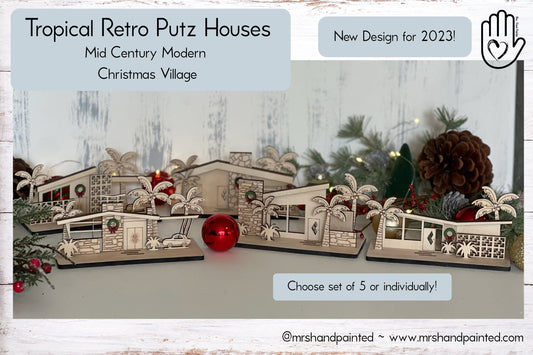 Mid Century Modern Retro Tropical Christmas Putz House Village - Laser Cut Wood