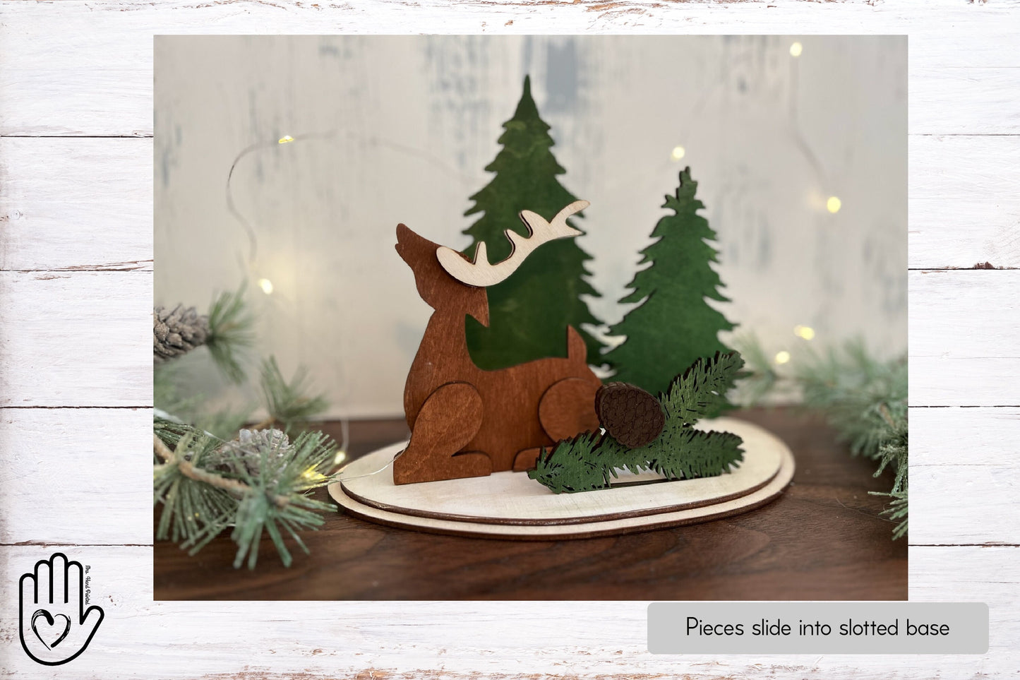 Deer and Trees Vignette Christmas Decoration - Laser Cut Wood Stained