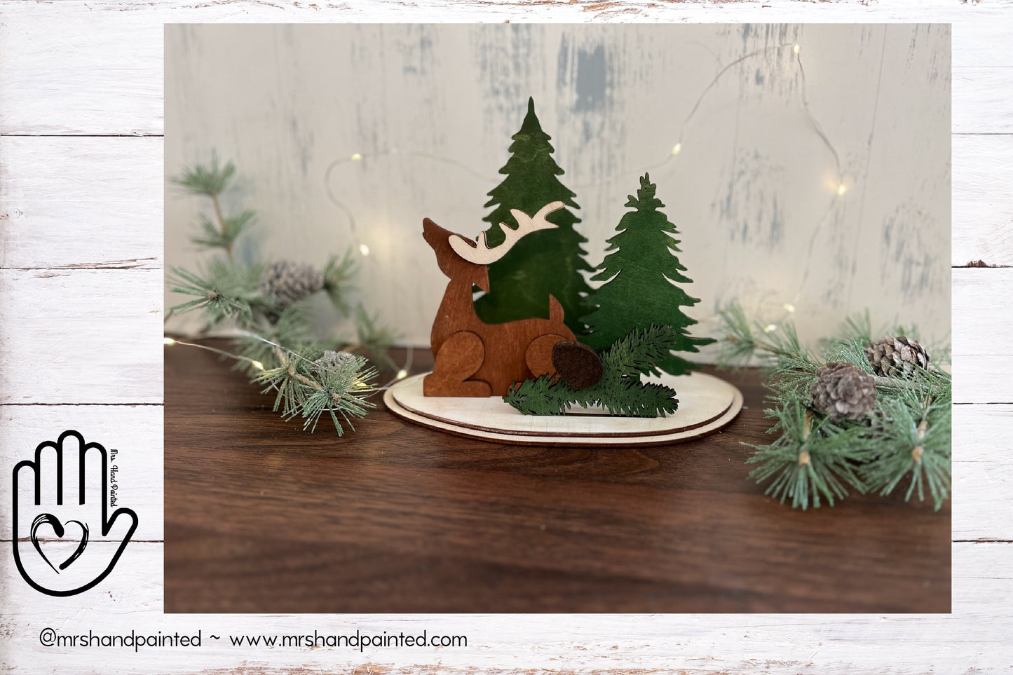 Deer and Trees Vignette Christmas Decoration - Laser Cut Wood Stained