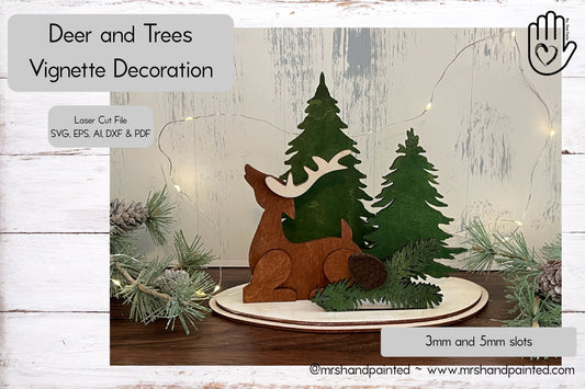 Digital Cut File - Laser Cut Reindeer and Trees Christmas Vignette Decoration