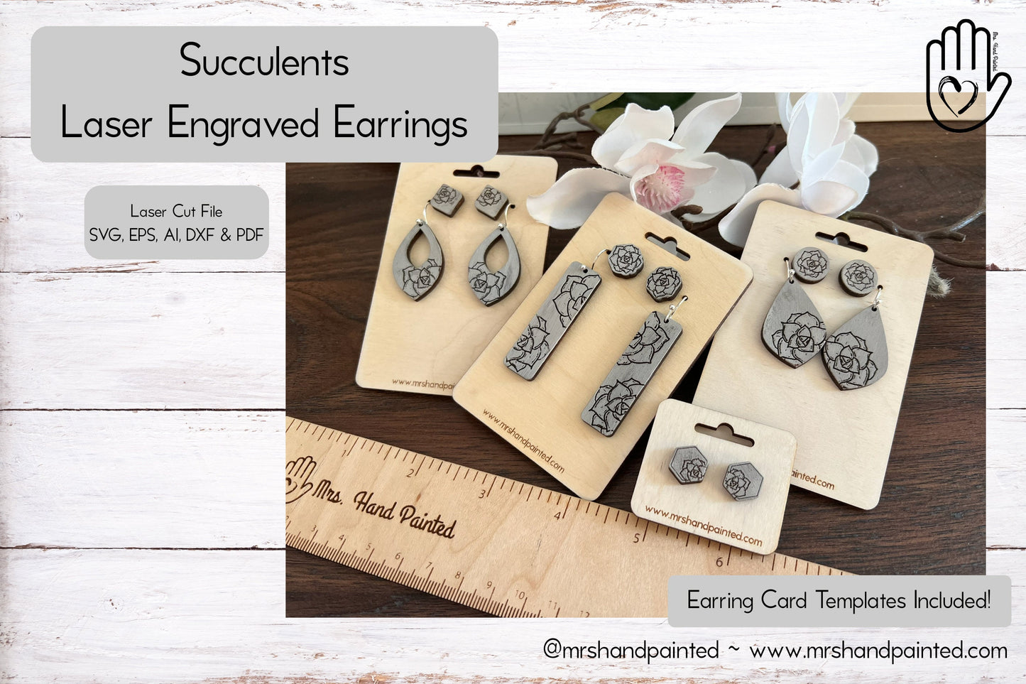 Digital Laser Cut File - Hand Drawn Succulents Engraved Earrings - Digital Download