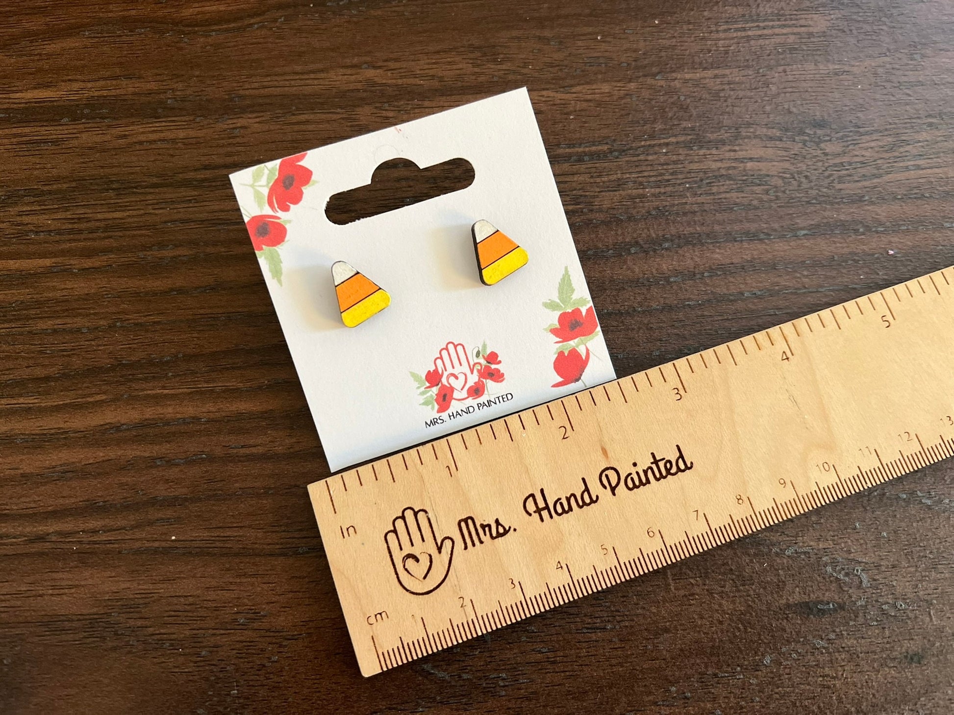 Mini Candy Corn Laser Engraved Wood Stud Earrings