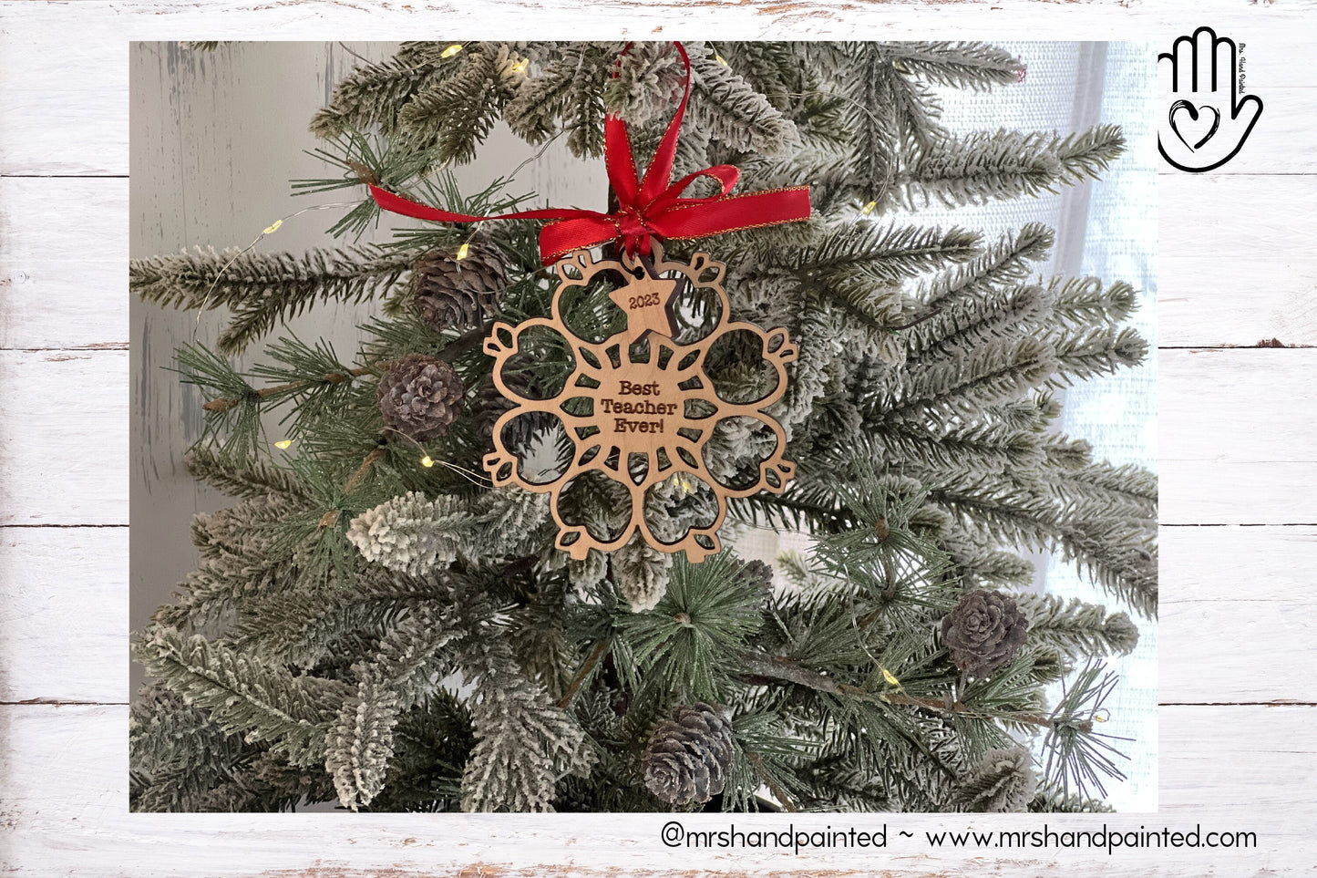 Laser Cut Wood Apple Snowflake Ornament - Personalized Teacher Gift