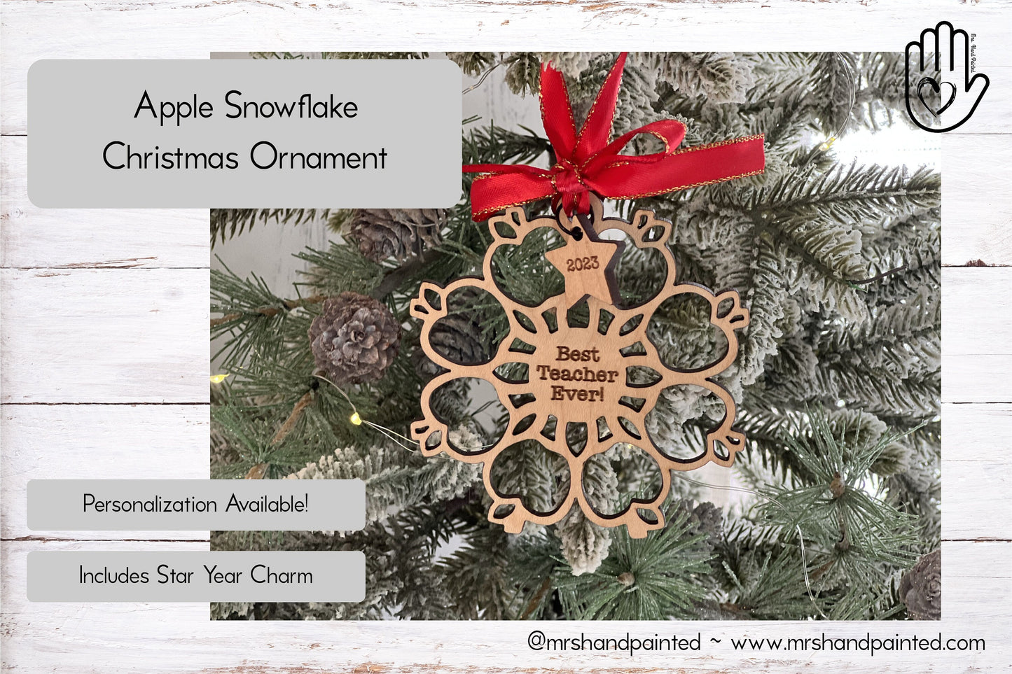 Laser Cut Wood Apple Snowflake Ornament - Personalized Teacher Gift