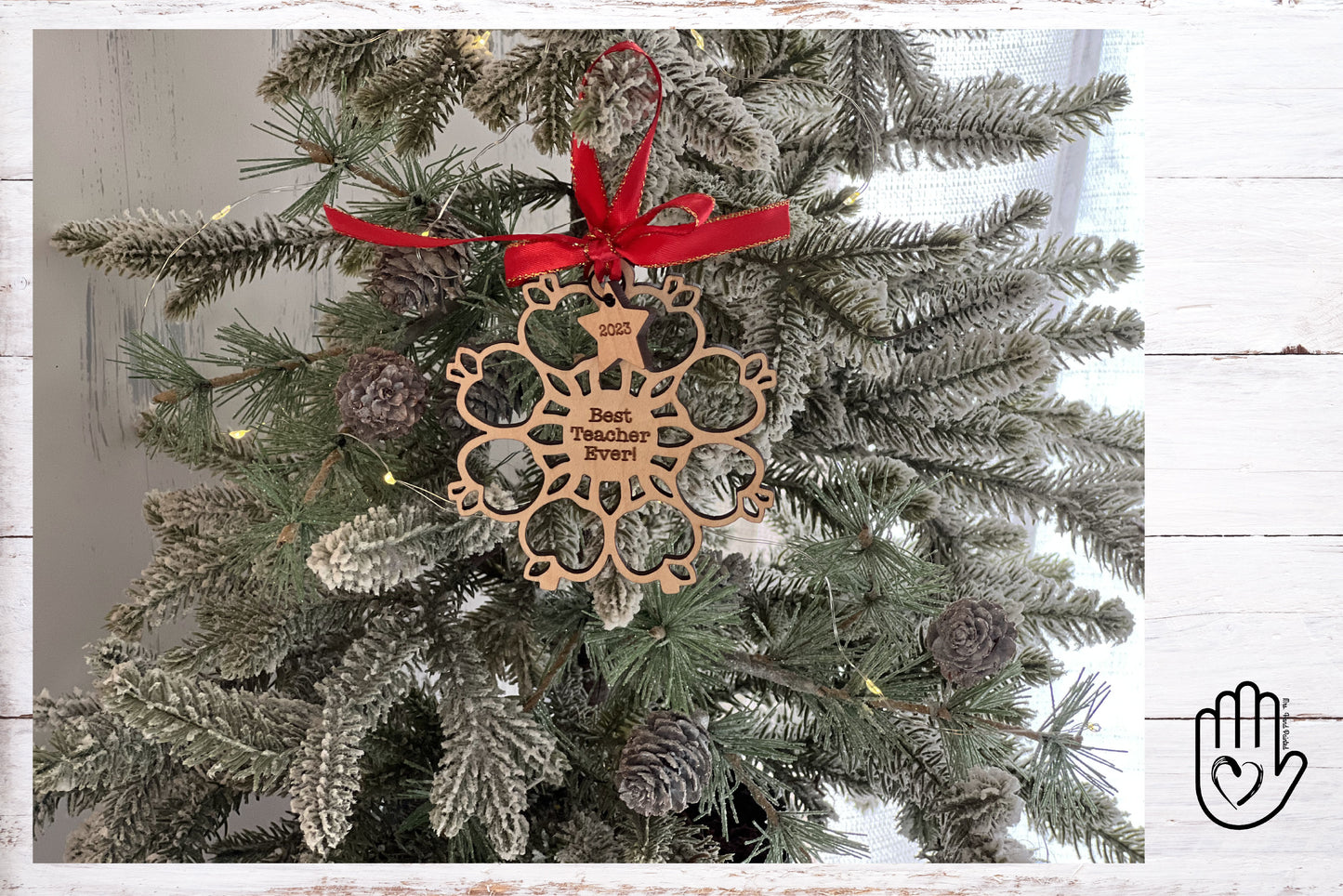 Laser Cut Wood Apple Snowflake Ornament - Personalized Teacher Gift