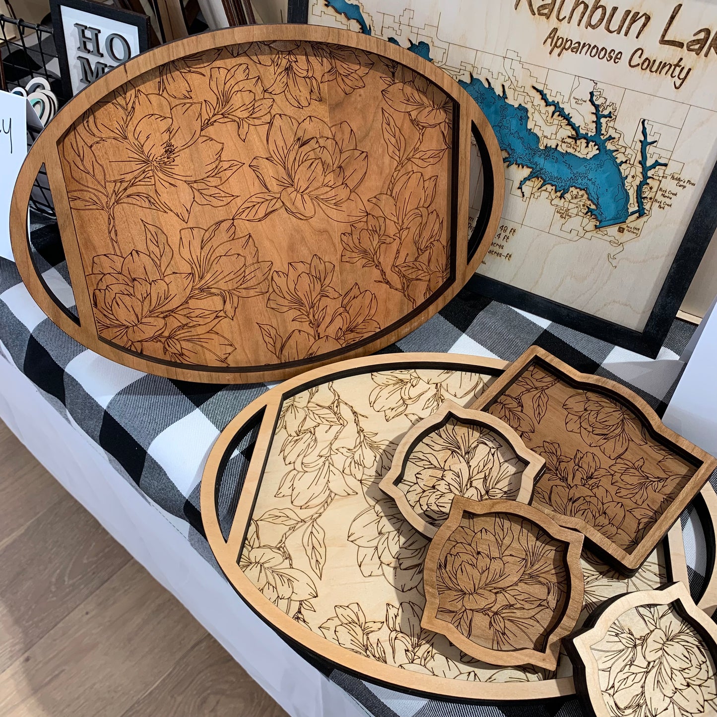 Decorative Engraved Wood Trays and Trinket Dishes