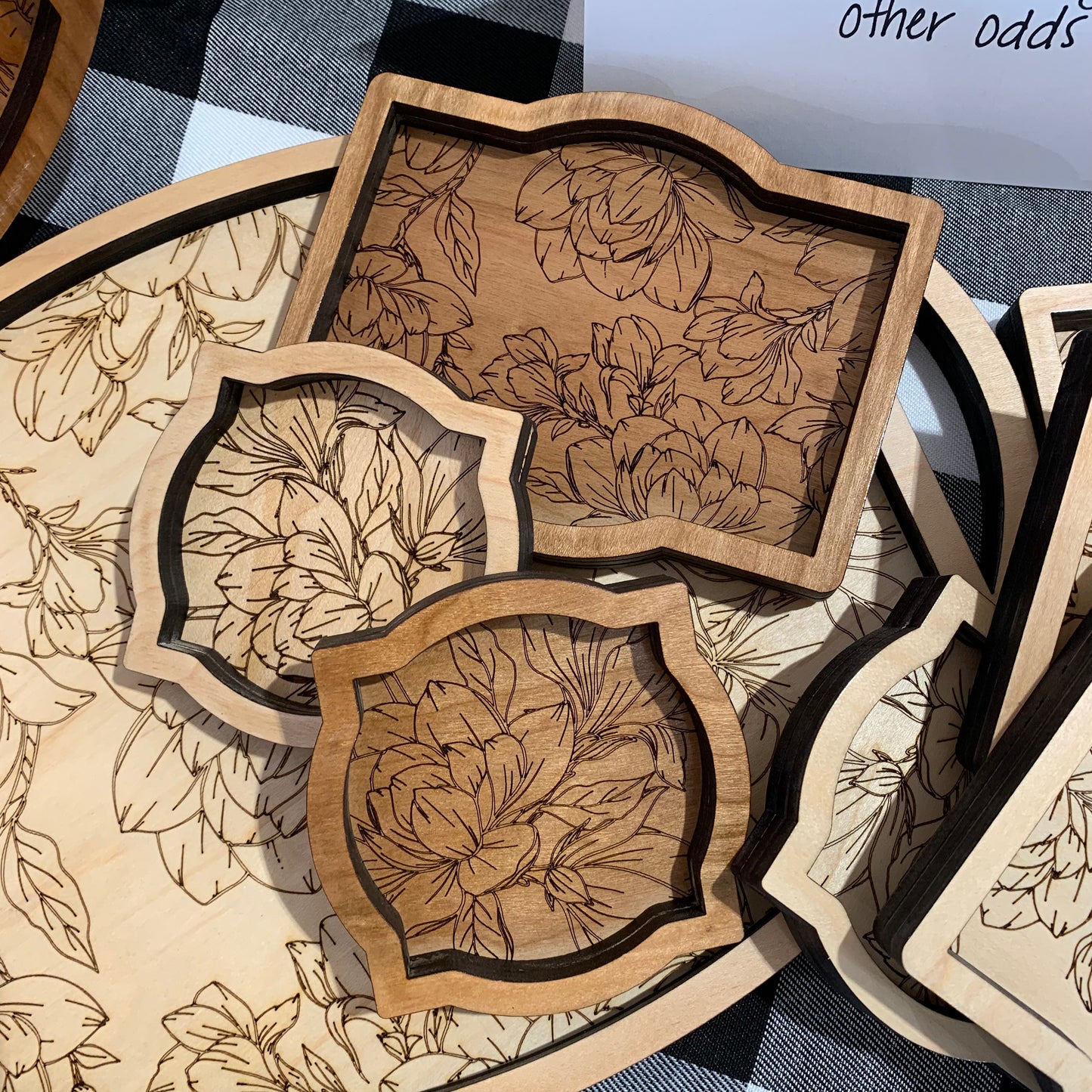 Decorative Engraved Wood Trays and Trinket Dishes