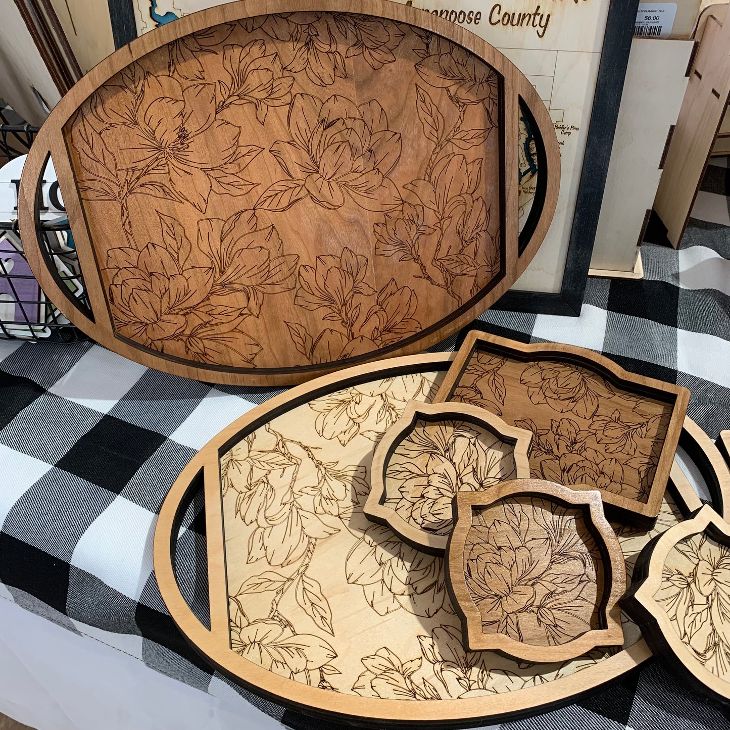 Decorative Engraved Wood Trays and Trinket Dishes