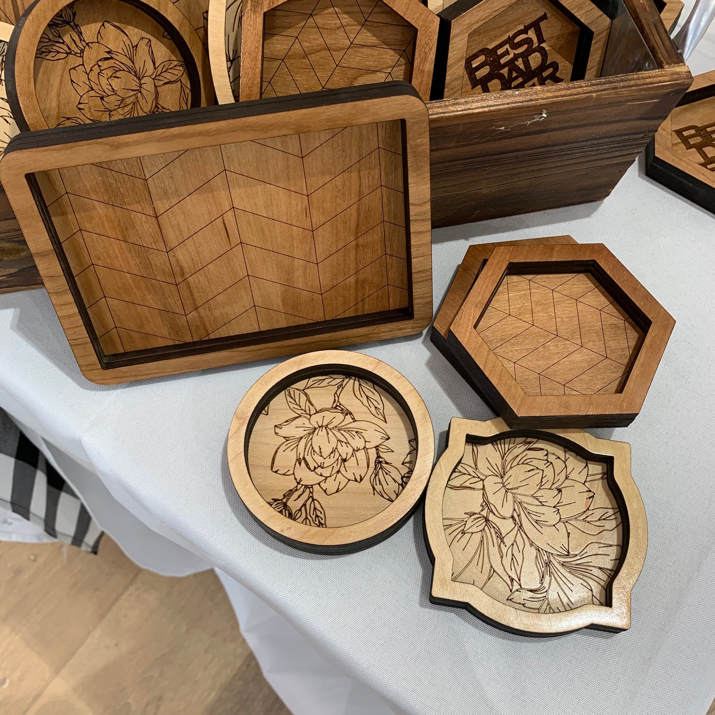 Decorative Engraved Wood Trays and Trinket Dishes