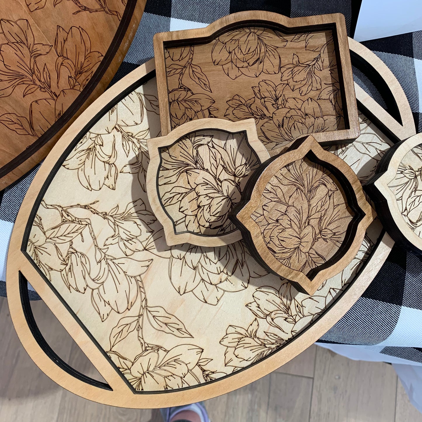 Decorative Engraved Wood Trays and Trinket Dishes